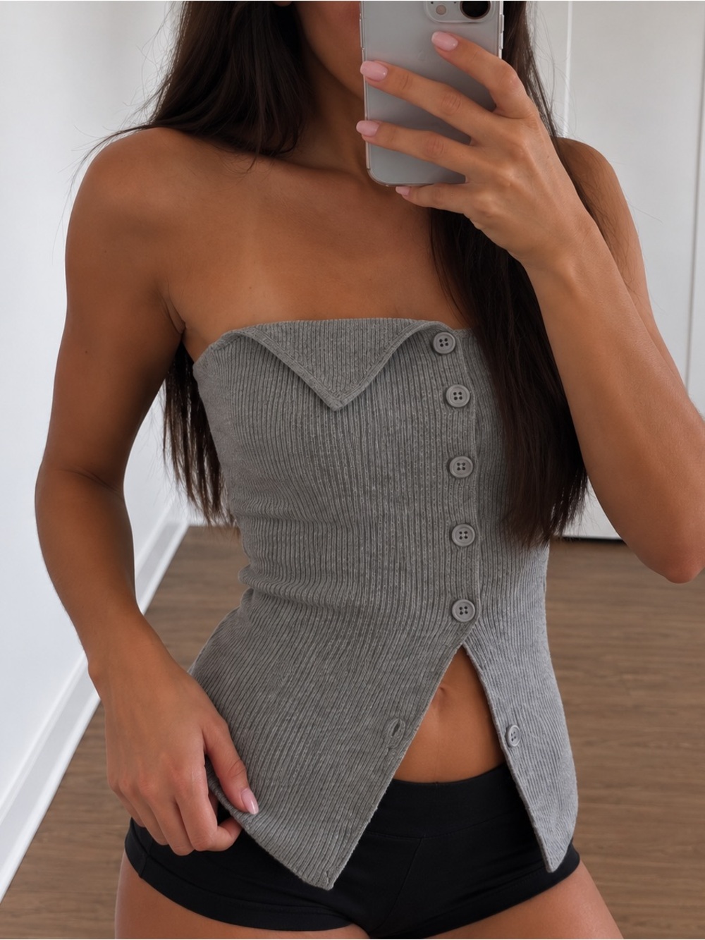 PepperMayo Gray Ribbed Strapless Button-Front Top - Picture 2 of 4